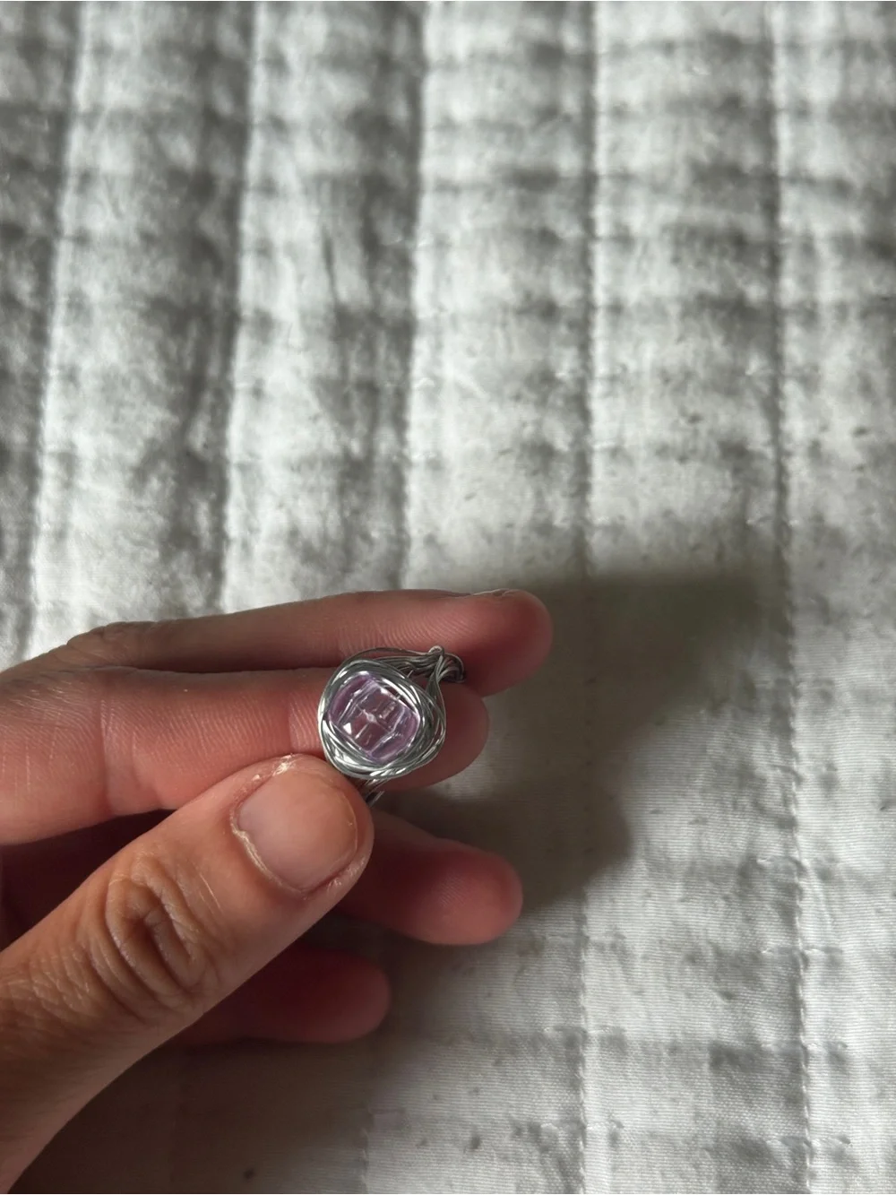 Handmade Silver Wire Wrapped Ring w/ Lilac Purple Glass Bead – Fits Size 6